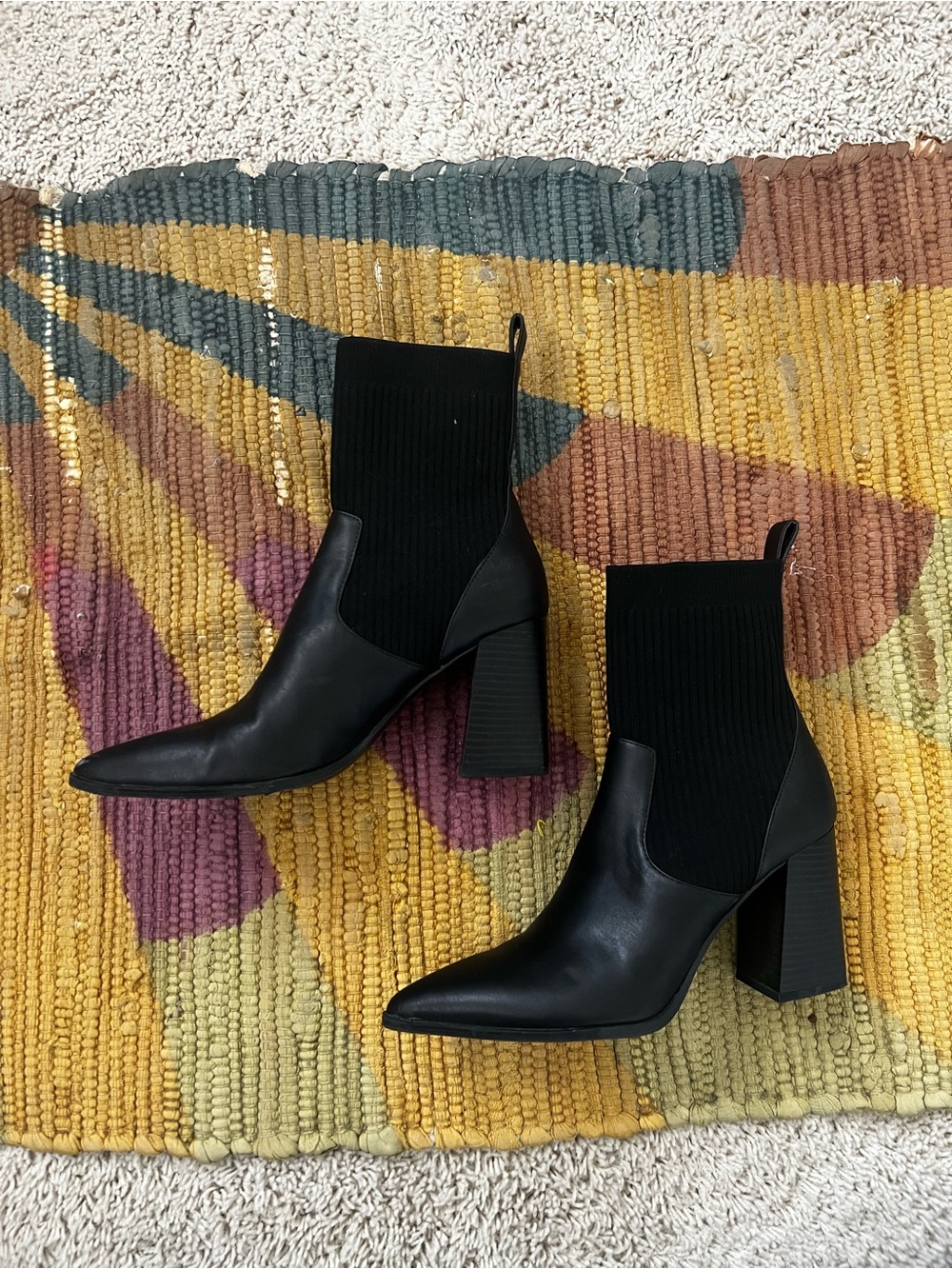 Open Edit Black Leather Pointed Toe Block Heel Ankle Boots